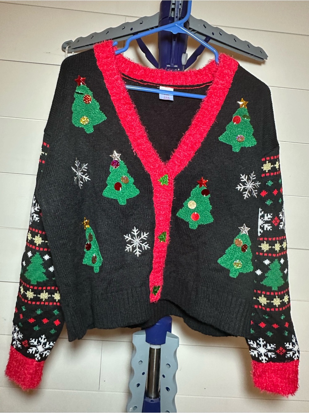 #109 Festive Black Christmas Tree Sweater with Red Trim